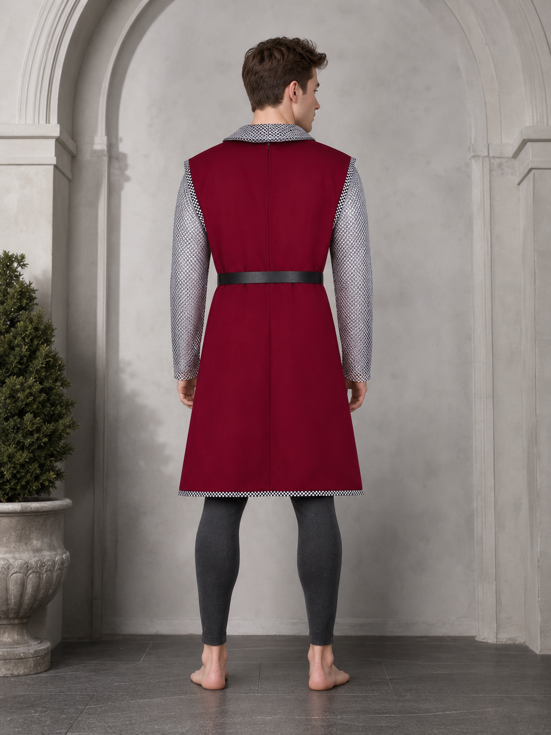 Halloween Medieval Knight Cosplay Costume Set, 3-Piece Burgundy Sleeveless Robe, Silver Chainmail Top And Black Belt For Role Play