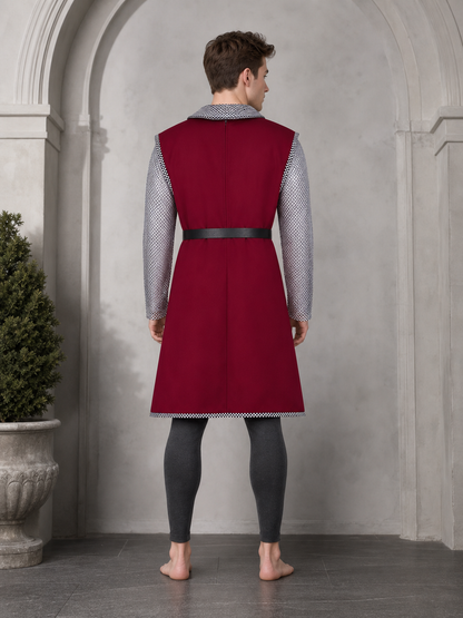 Halloween Medieval Knight Cosplay Costume Set, 3-Piece Burgundy Sleeveless Robe, Silver Chainmail Top And Black Belt For Role Play
