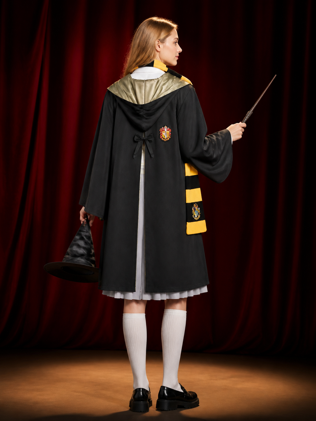Black And Gold Hooded Wizard Costume Set With Robe, Shirt, Skirt And Accessories back view