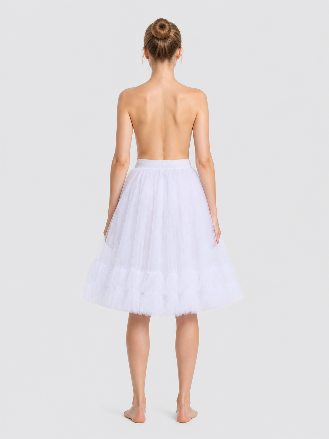 White Layered Tutu Skirt with Elastic Waistband and Ruffles back view