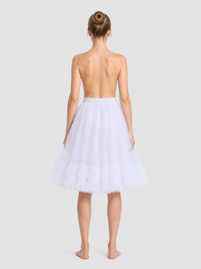 White Layered Tutu Skirt with Elastic Waistband and Ruffles back view