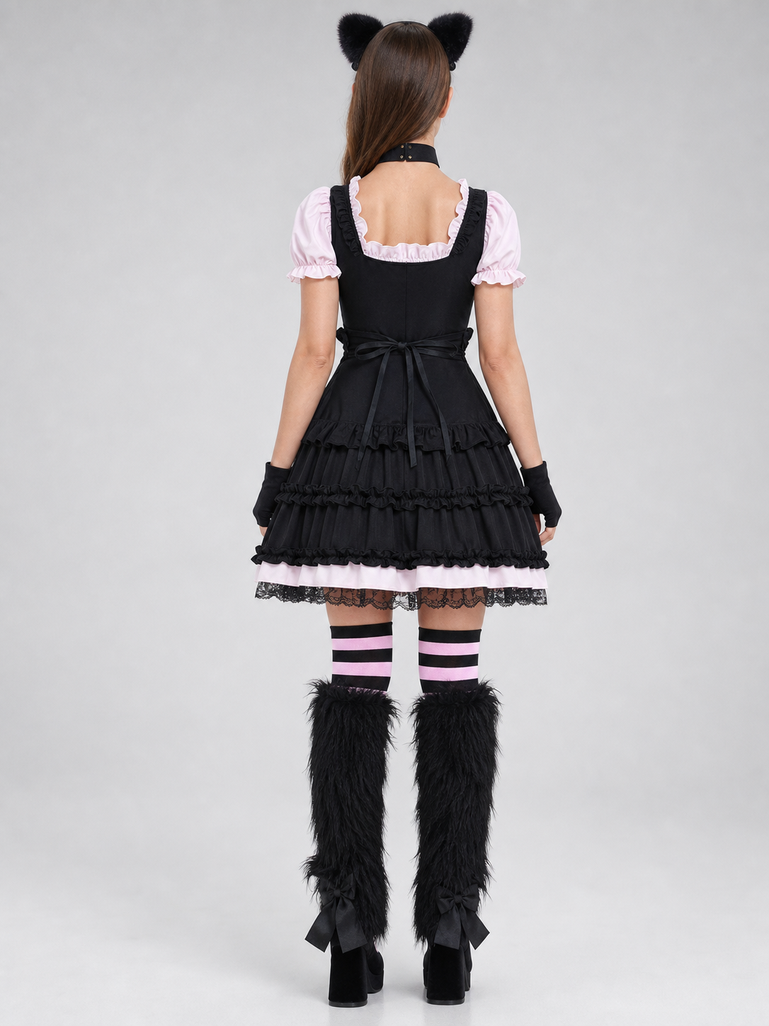 Lolita-Style Dress with Apron, Ruffles, and Lacing back view
