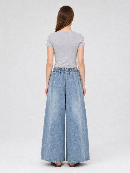 Light Blue Palazzo Pants with an Elastic Waist back view 5