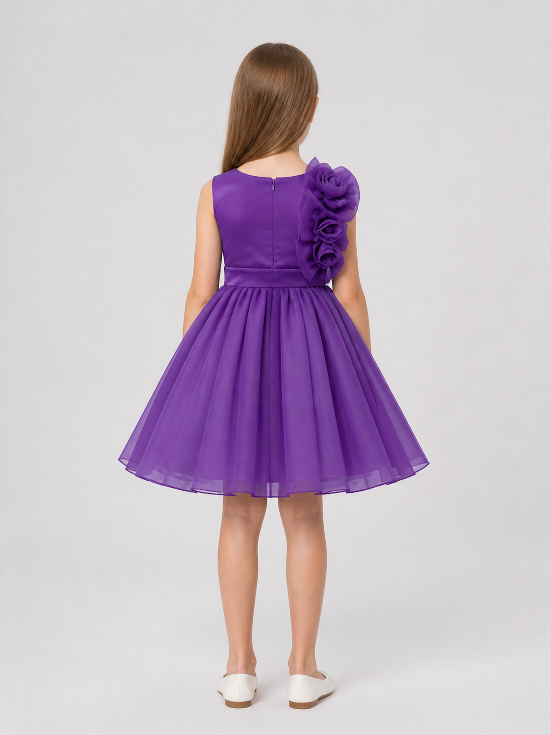 Purple Dress with Full Skirt and Flowers back view