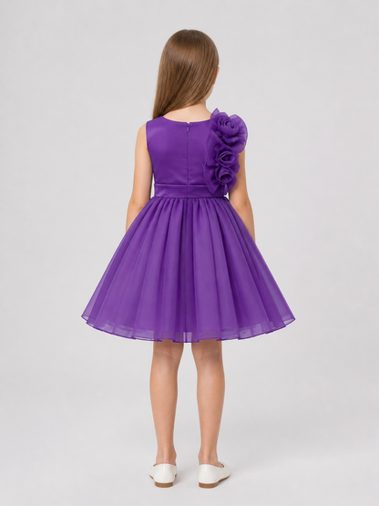 Purple Dress with Full Skirt and Flowers back view