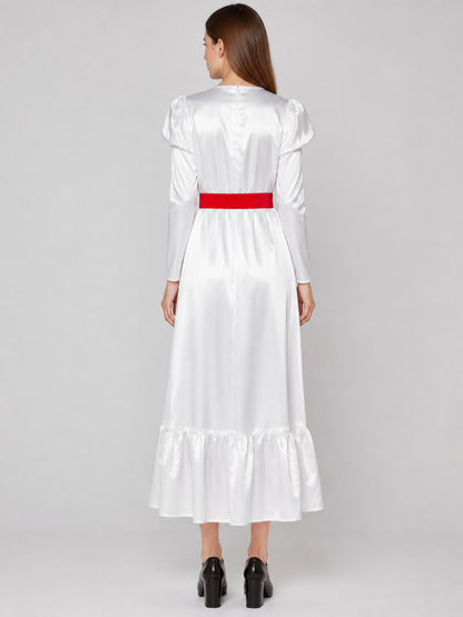 White Dress with Red Bows and Ruffles back view