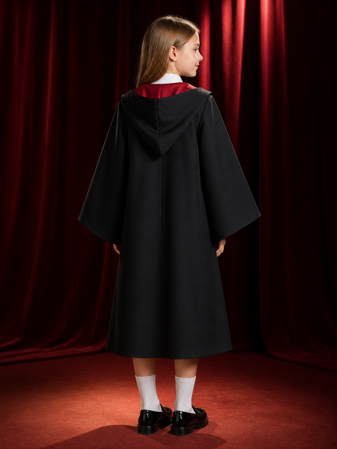 Kids Wizard Robe Costume, Hooded Cape with Red and Gold Stripe Tie, Halloween