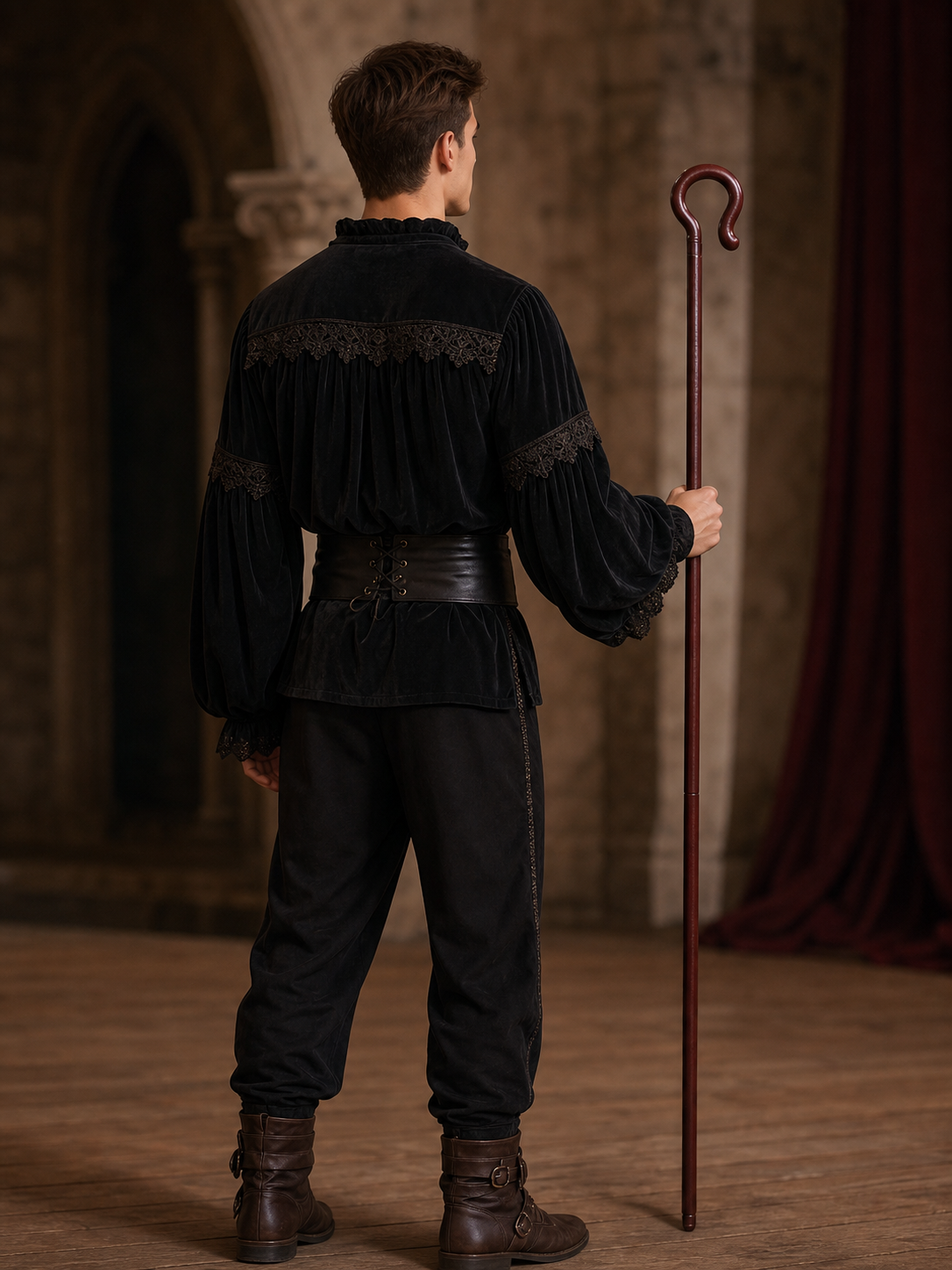 Dark brown hook cane held by a man in a black costume, shown from behind in a dim hall with wood flooring