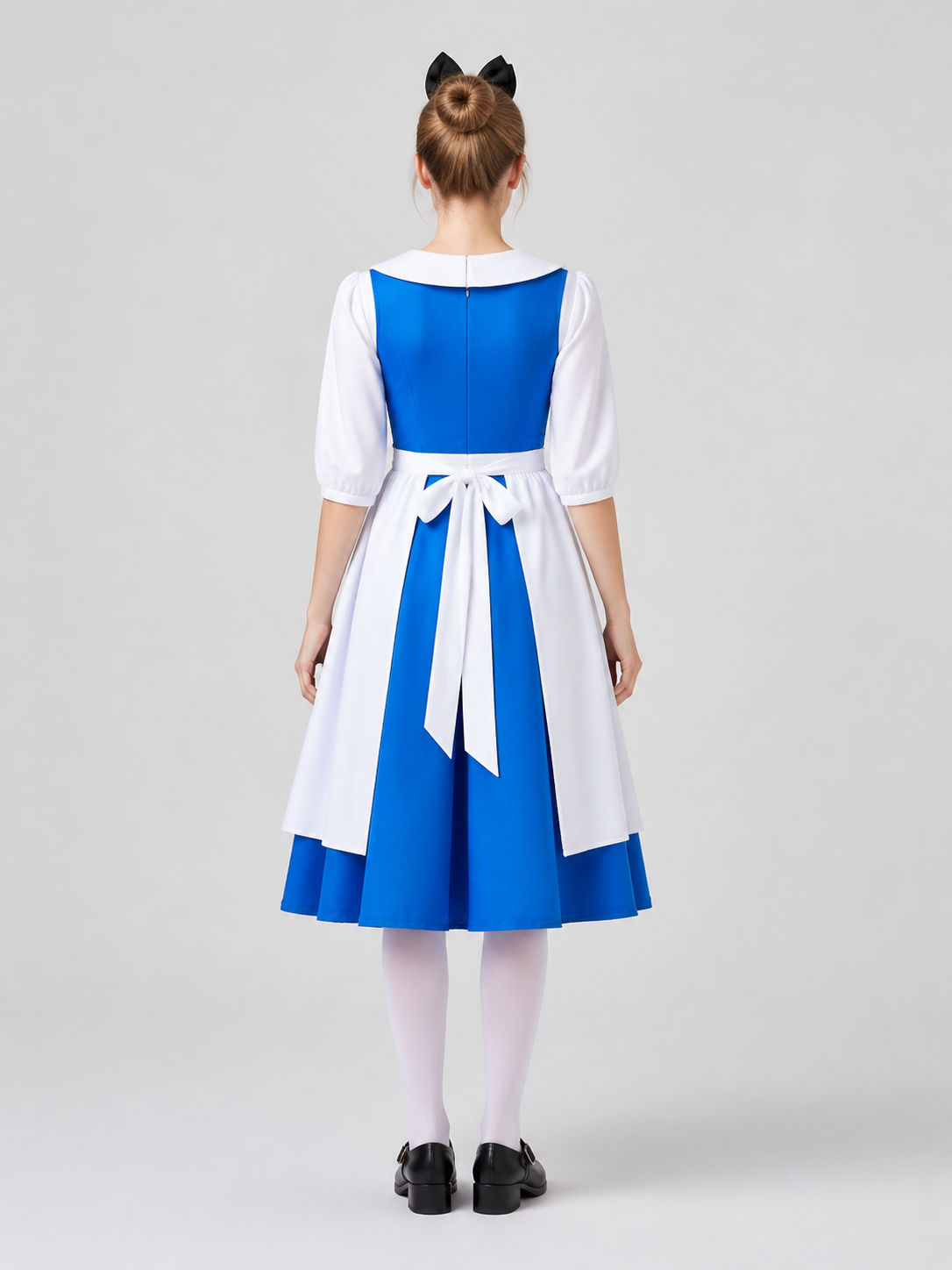 Alice cosplay dress, blue and white, with apron back view