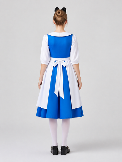 Alice cosplay dress, blue and white, with apron back view