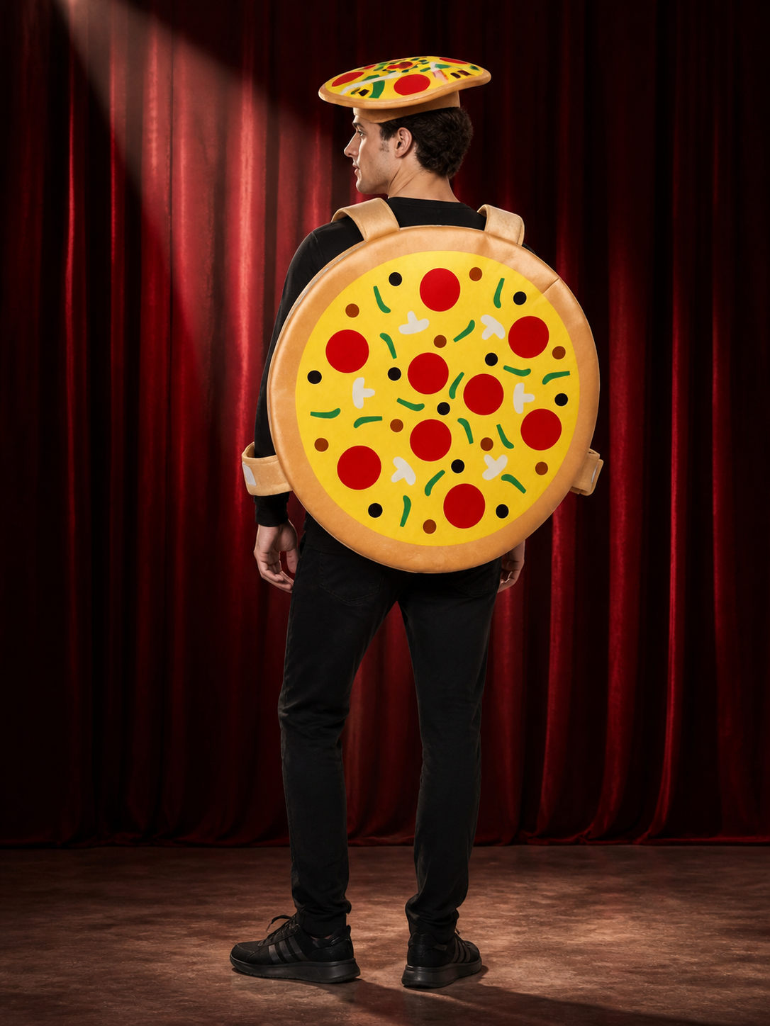 Funny Pizza Costume Jumpsuit With Matching Pizza Hat, Halloween Cosplay Party back view