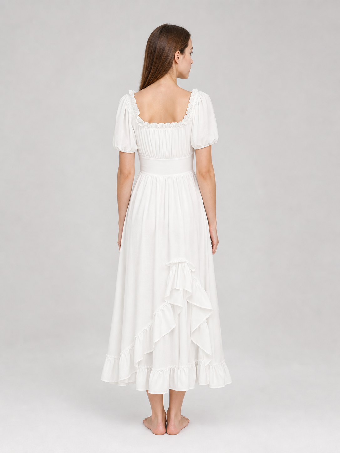 White Midi Dress with a Corset-Style Bodice and Ruffles