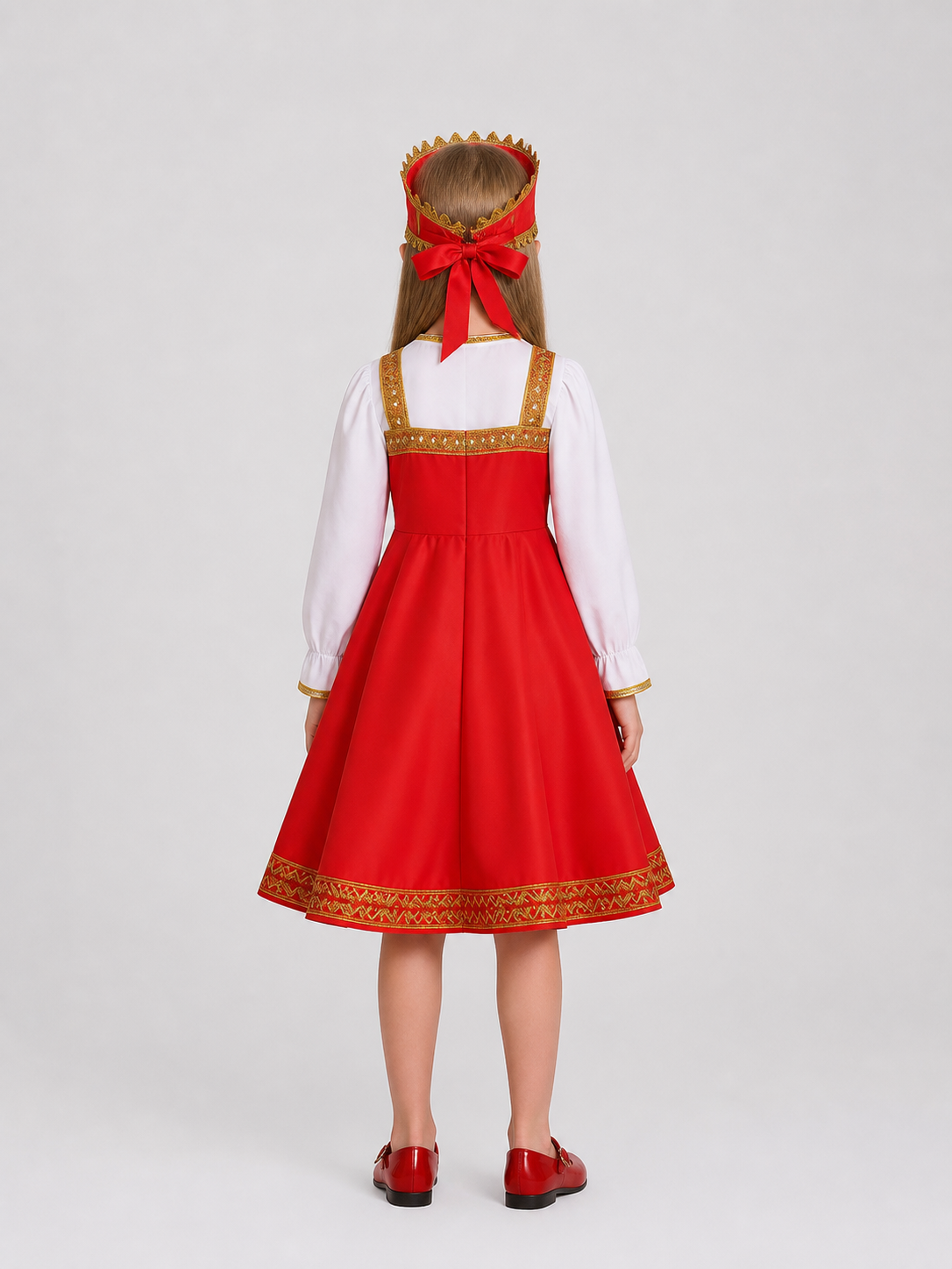 Russian Folk Costume with Headwear, Red and White back view