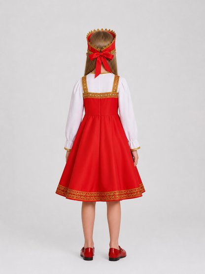 Russian Folk Costume with Headwear, Red and White back view