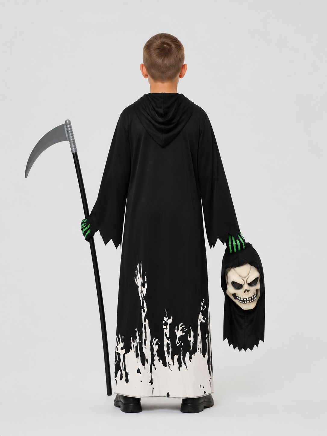 Death Costume with Mask, Glow-in-the-Dark Gloves, and Scythe back view