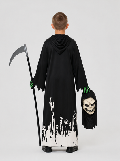 Death Costume with Mask, Glow-in-the-Dark Gloves, and Scythe back view