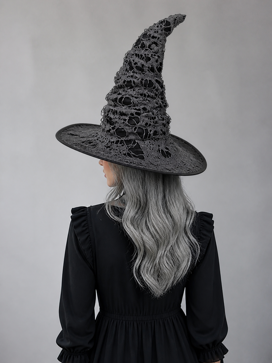 Gray Black Halloween Witch Hat For Women Wide Brim Curved Pointed Tattered Torn back view 3