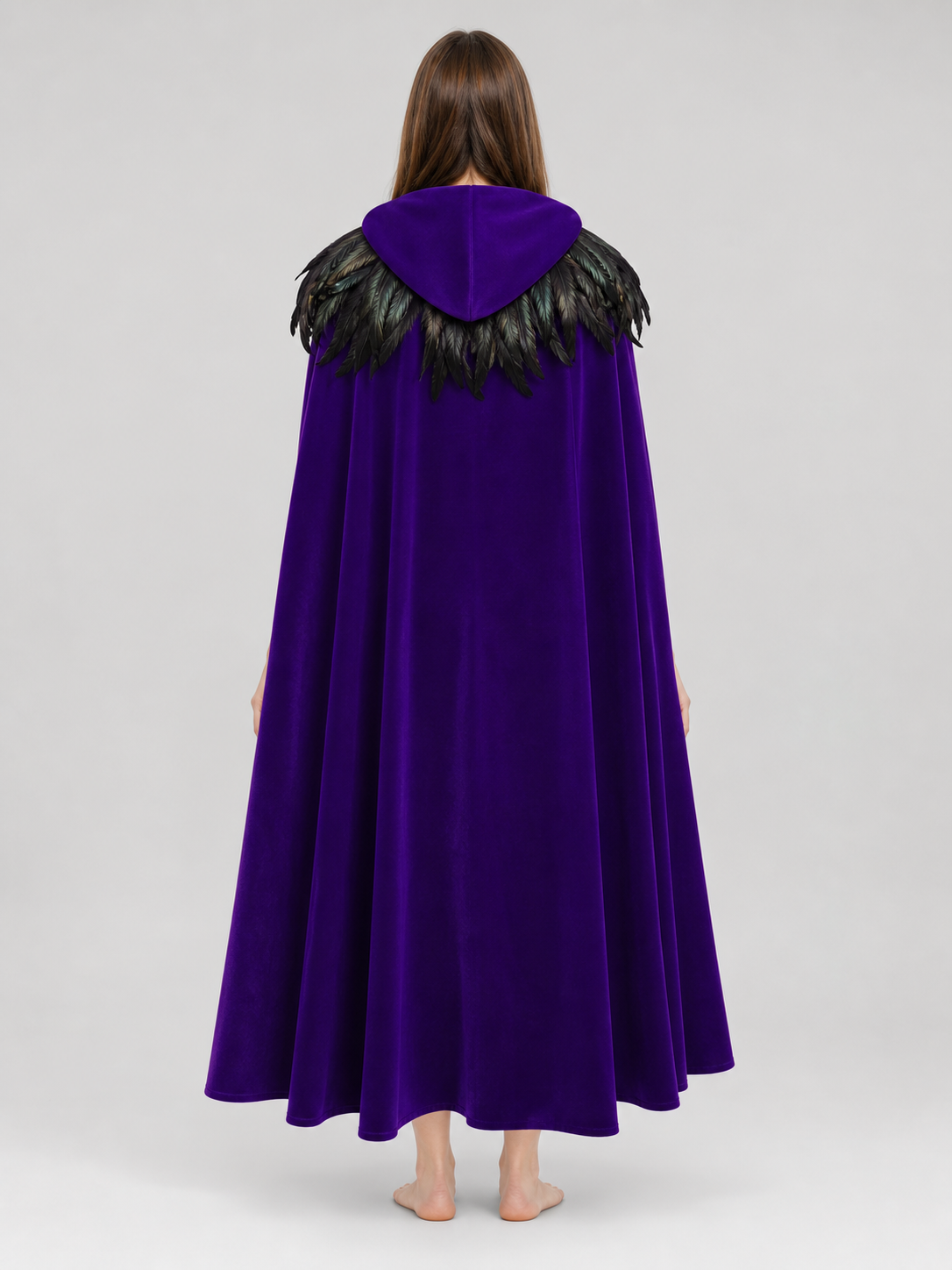 Purple hooded feather-trimmed velvet cape product view 27