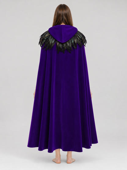 Purple hooded feather-trimmed velvet cape product view 27