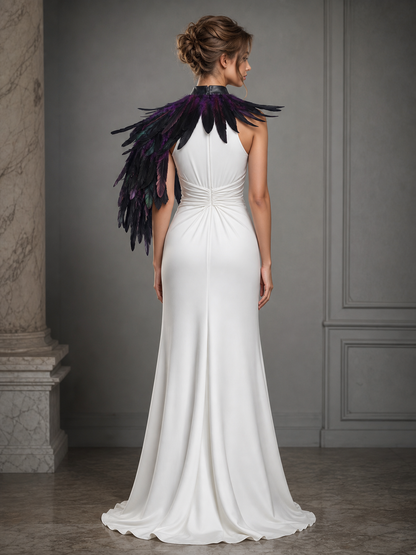 Purple Black Feather Cape Asymmetric One Shoulder Draped Cape Multi-Layer Irregular Feather Trim Neck Wrap Stage Performance Costume Cape