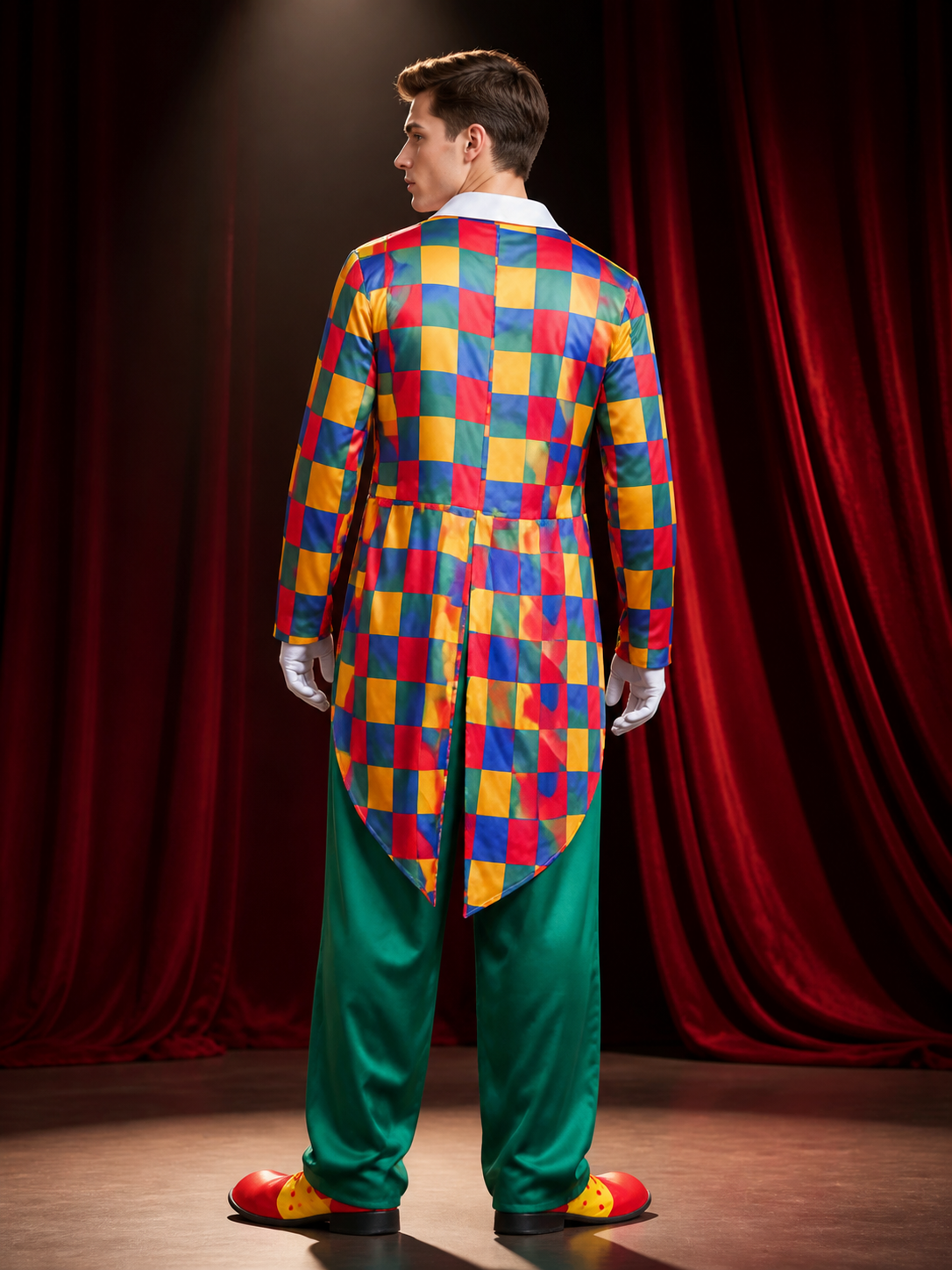Adult Clown Costume Set, Colorful Checkered Jacket and Pants for Halloween back view
