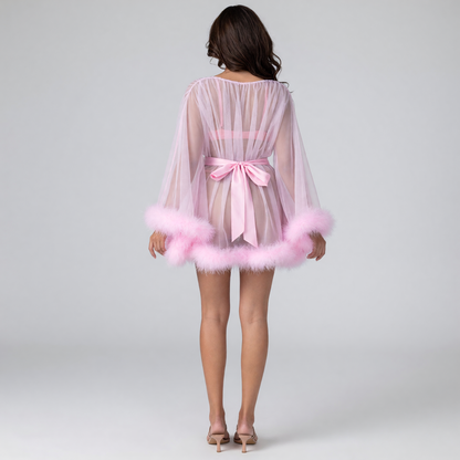 Erotic Pink Sheer Cape with Fluffy Trim