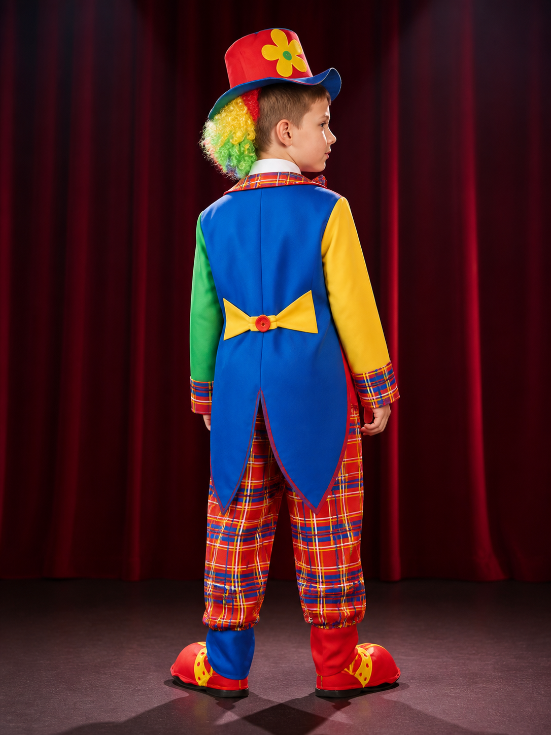 Kids Clown Circus Costume Set, Multicolor Shirt, Pants, Hat and Bow Tie back view