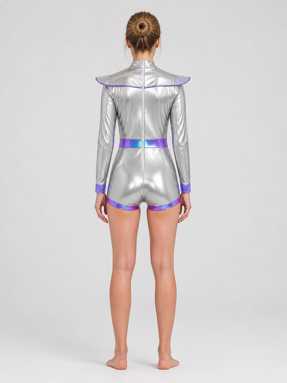 Silver Astronaut Jumpsuit with Purple Trim back view
