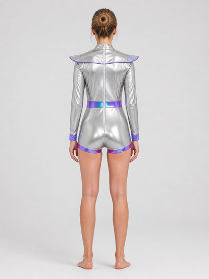 Silver Astronaut Jumpsuit with Purple Trim back view