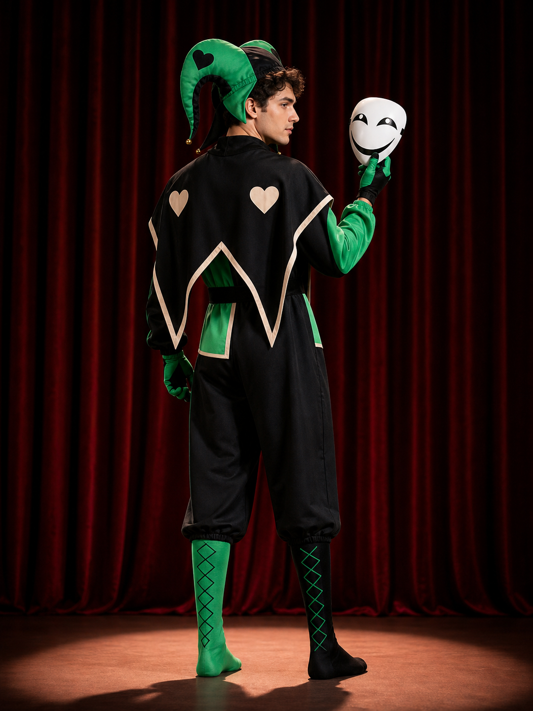Back view of the black and green jester clown costume on stage, holding the white mask
