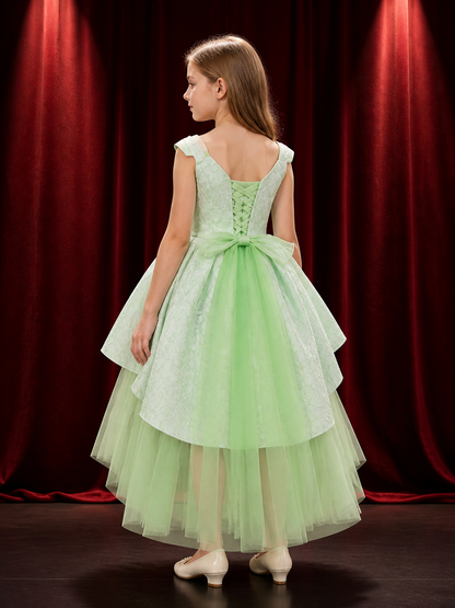 Girls' Apple Green Princess Flower Girl Dress, V-Neck Sleeveless Layered Tulle back view