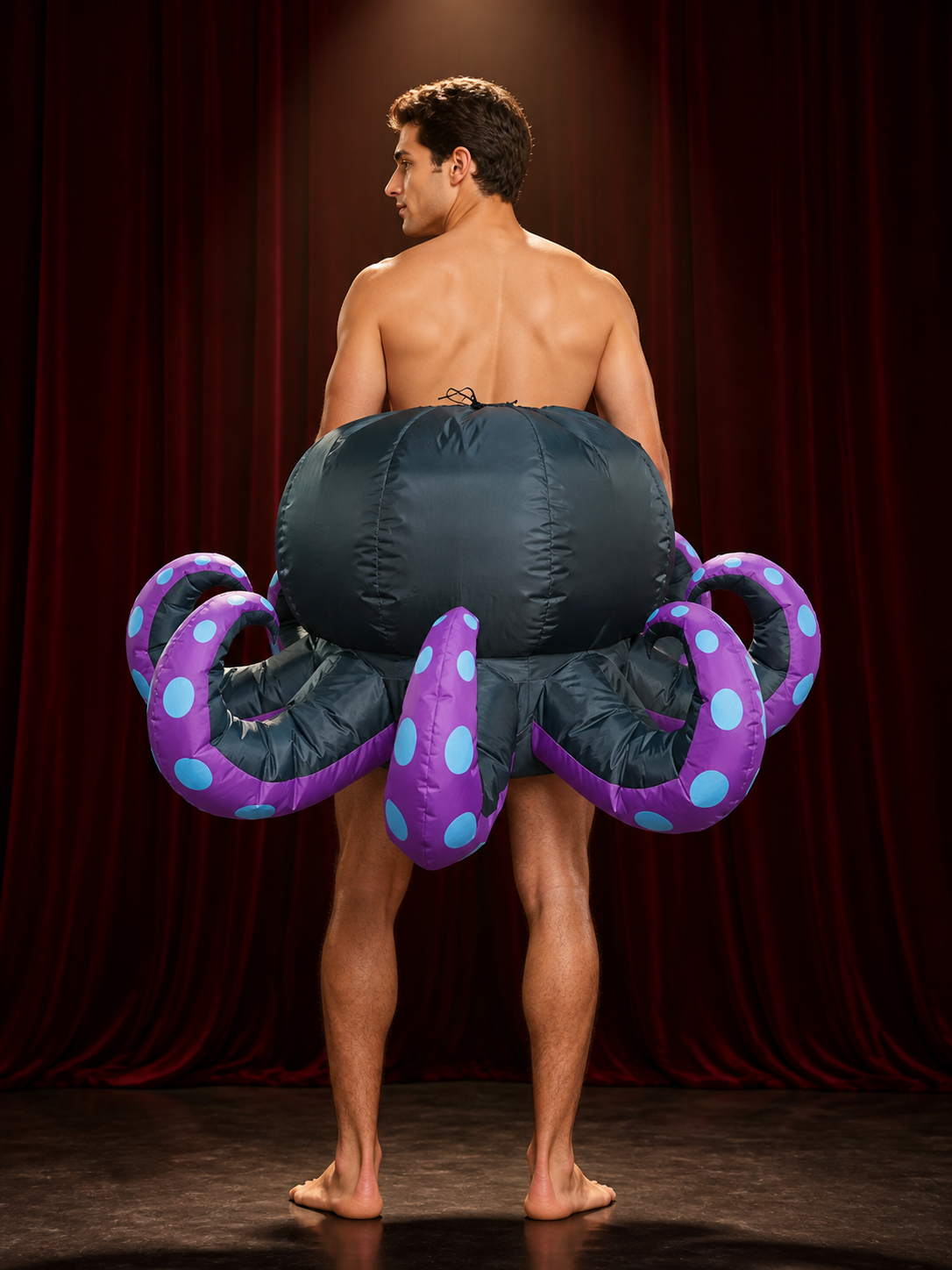 Octopus Inflatable Costume, Black Body with Purple Tentacles and Blue Dots back view
