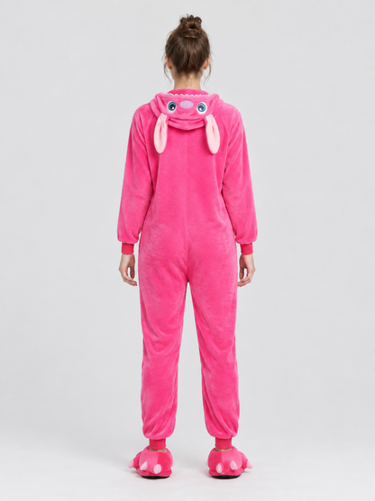 Bright Pink Hooded Pajama Jumpsuit with Ears