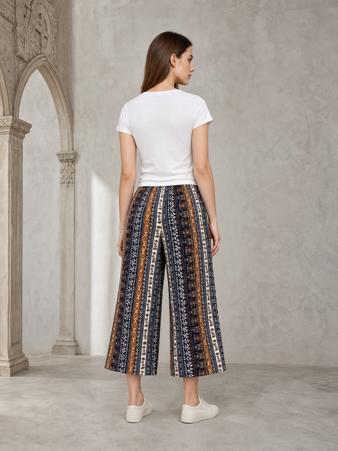 Bohemian High-Waist Wide-Leg Drawstring Pants with Multi-Color Vertical Stripes back view 2