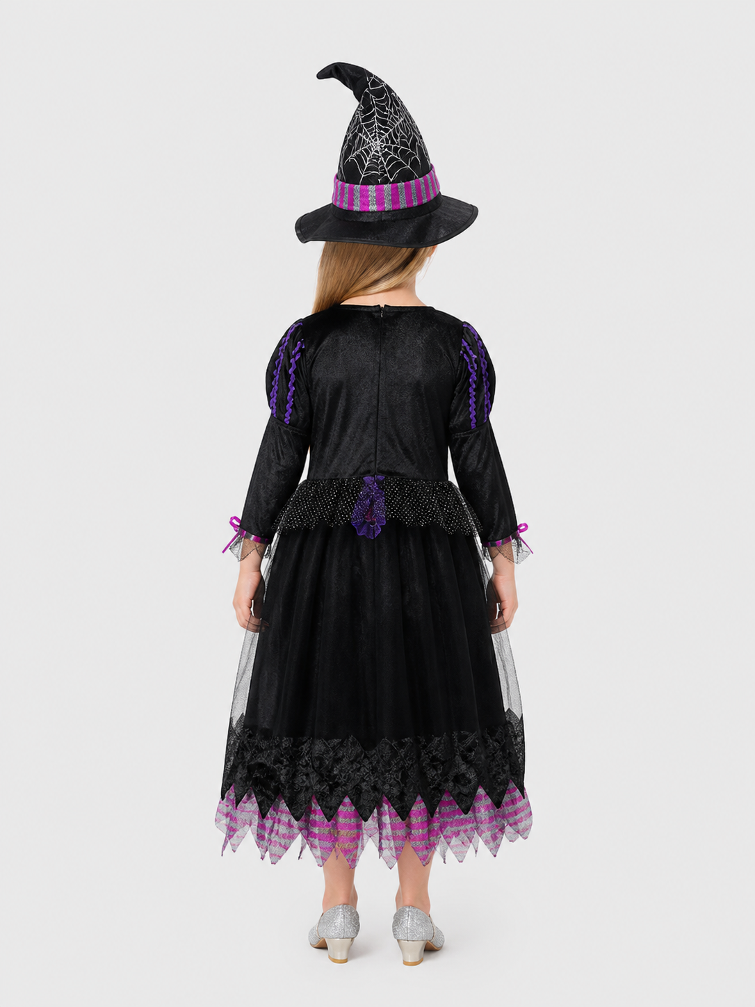 Children's Purple Witch Dress with Full Skirt and Hat back view