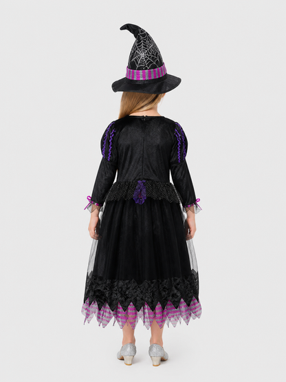 Children's Purple Witch Dress with Full Skirt and Hat back view