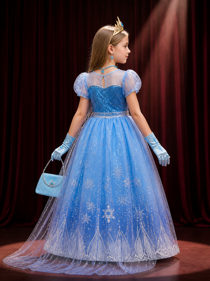 Kids Snow Queen Princess Halloween Costume Set with Sequined Blue Gown back view