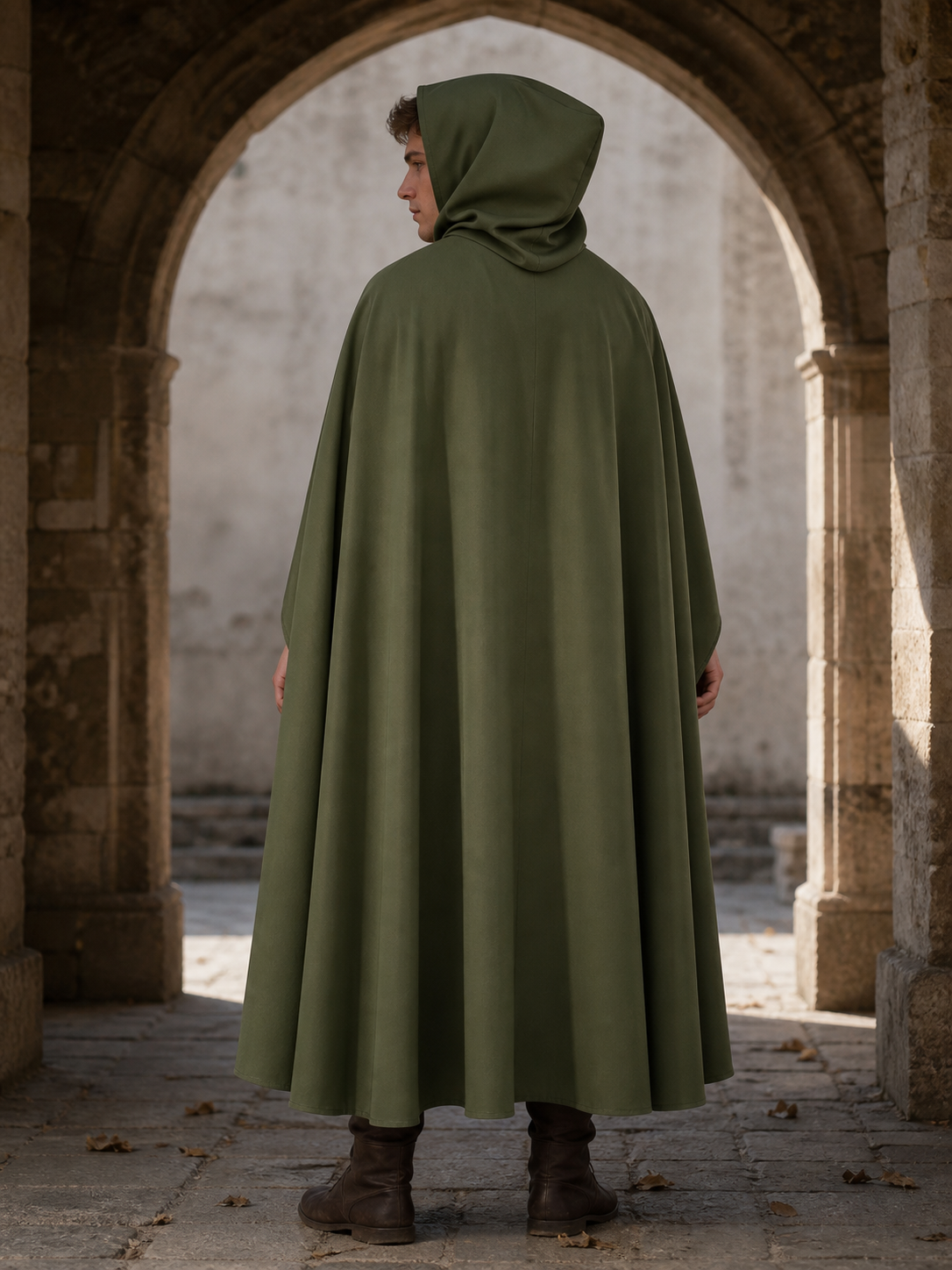 Medieval Hooded Cloak, Olive Green Full-Length Cape with Pointed Hood and Front Tie for Cosplay and Role-Playing