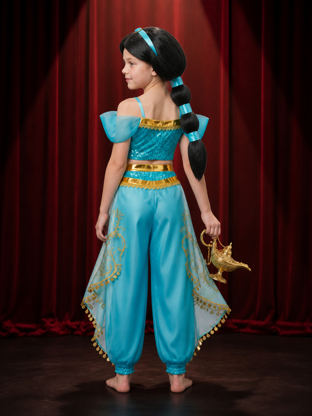 Kids Arabian Princess Sequin Costume Set with Wig, Headpiece and Lamp Prop back view