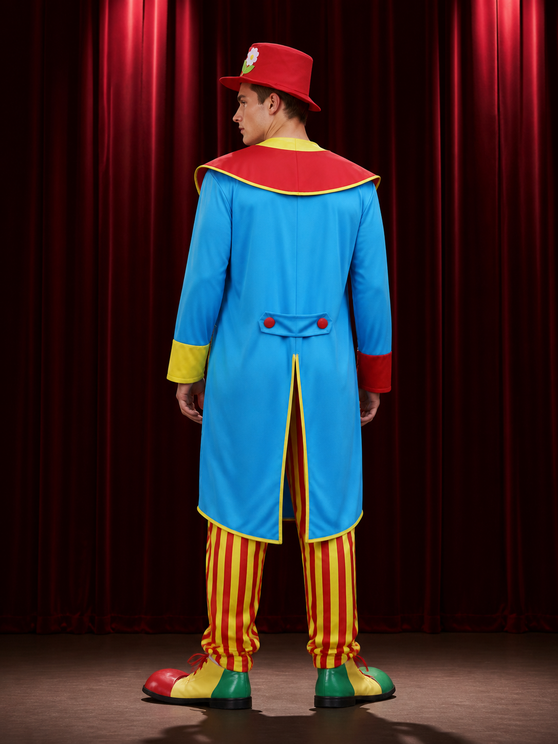Unisex Clown Costume Set with Red Yellow Striped Jumpsuit, Blue Coat, Hat, Bow back view