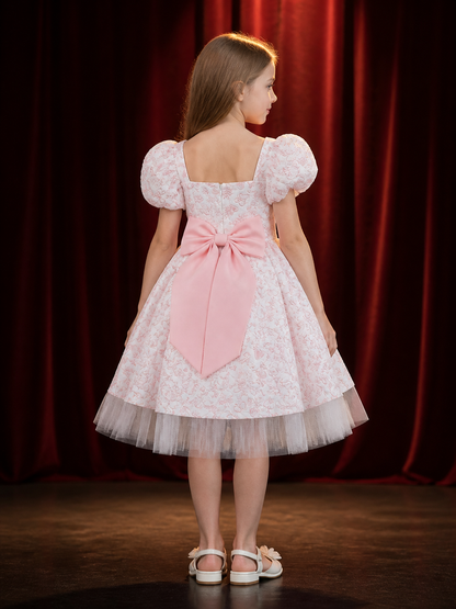 Toddler Girls' Princess Dress with Puff Sleeves, Bow and Heart Flower Embroidery back view