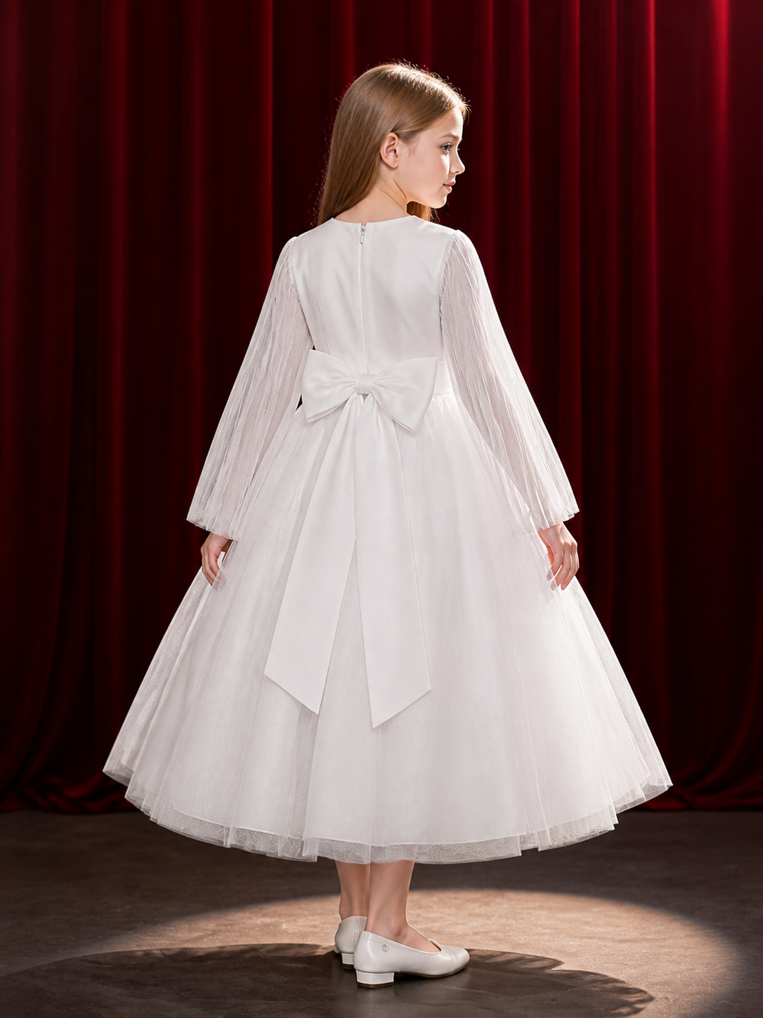 Girls' White Princess Dress, Long Sleeve Tulle Flower Girl Party Outfit back view