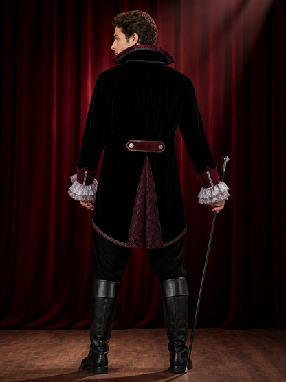 Gothic Wizard Costume Set, Black and Burgundy Long-Sleeve Halloween Cosplay back view