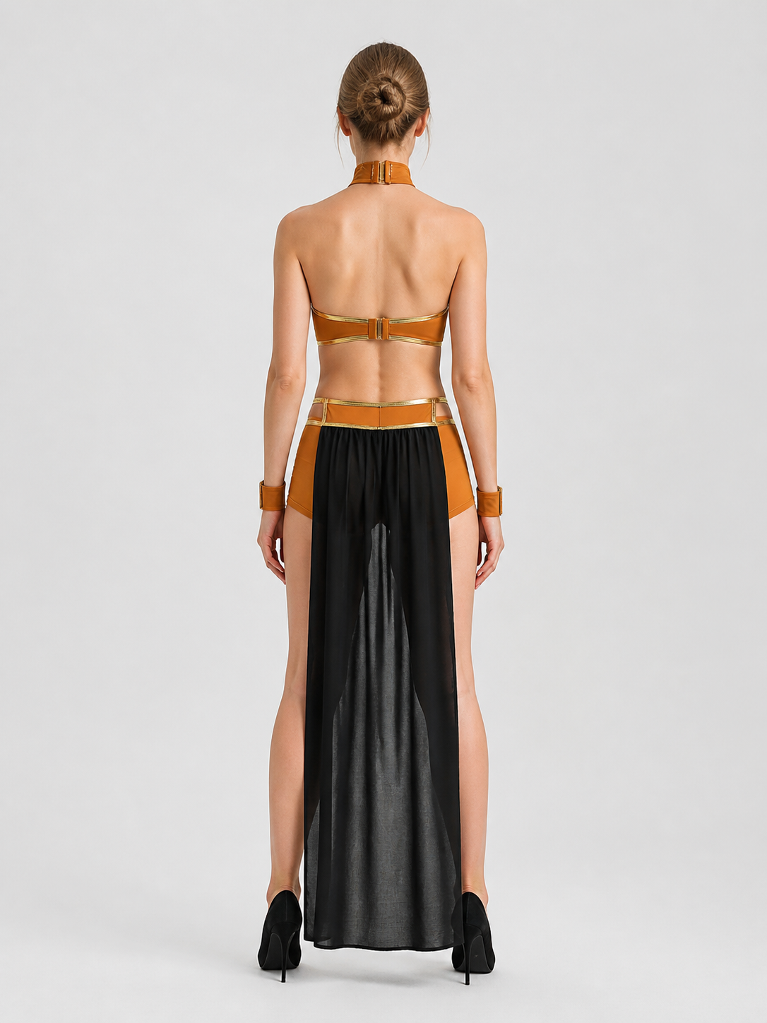 Gold-and-black cosplay costume with chains and a sheer skirt back view