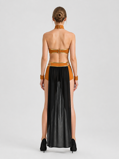 Gold-and-black cosplay costume with chains and a sheer skirt back view