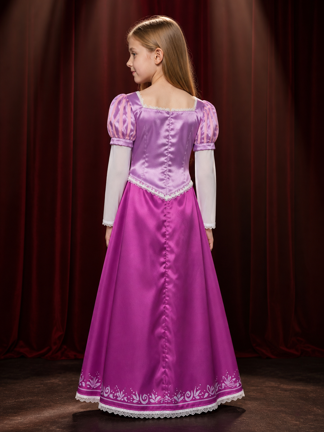 Purple Rapunzel Princess Costume Dress with Lace Trim and Corset Lacing back view
