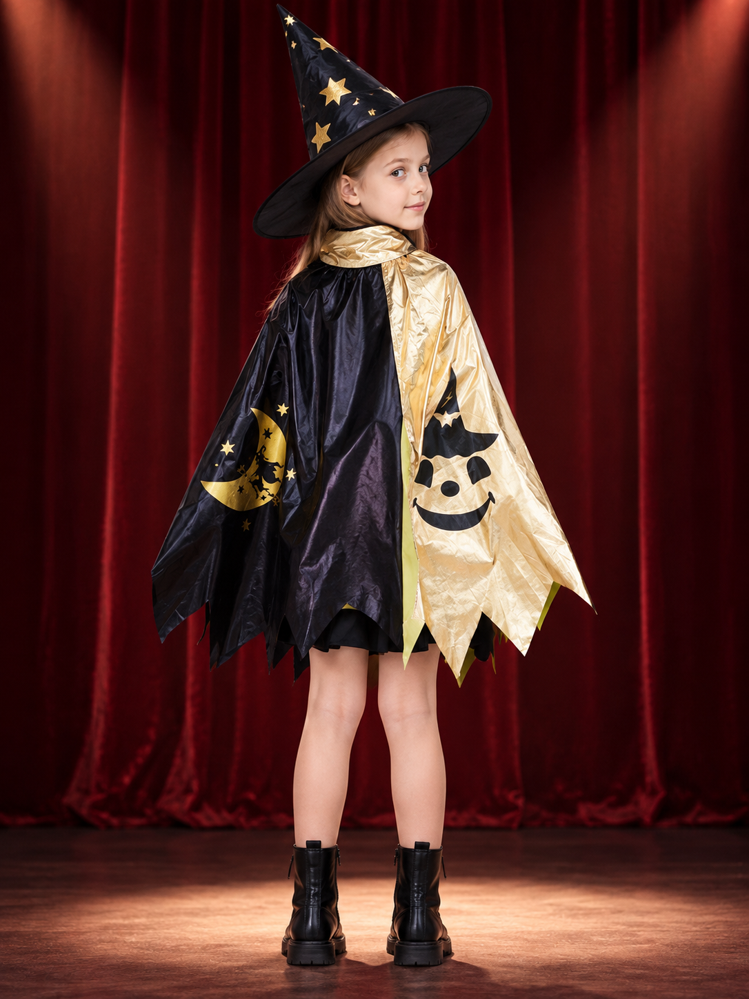 Kids' Halloween Costume with Black and Gold Cape, Hat
