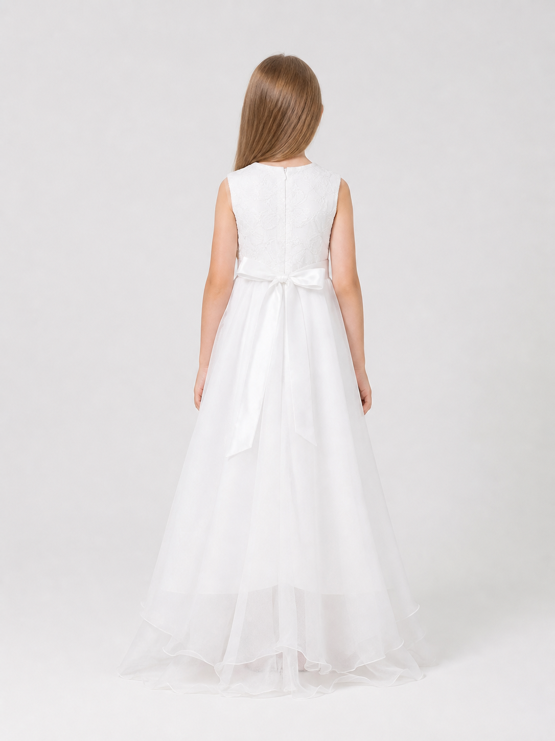 White Princess Dress with a Bow and Full Skirt back view