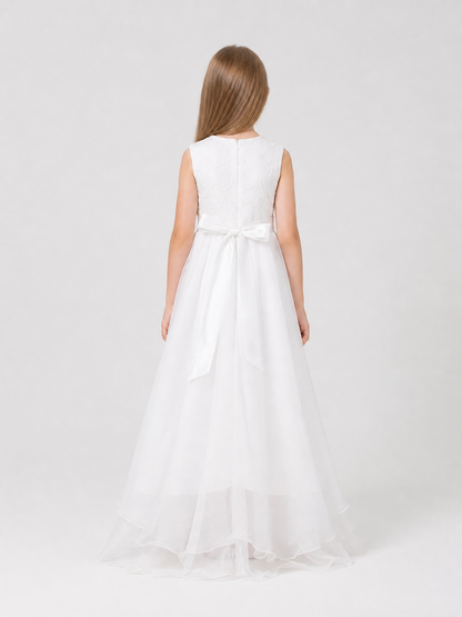 White Princess Dress with a Bow and Full Skirt back view