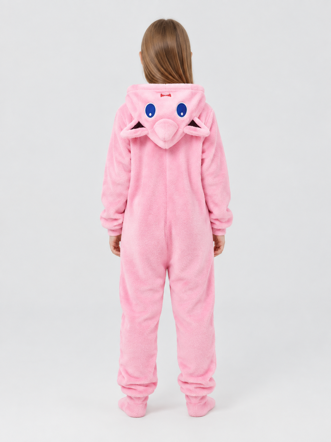 Pink plush kigurumi jumpsuit with hood and ears